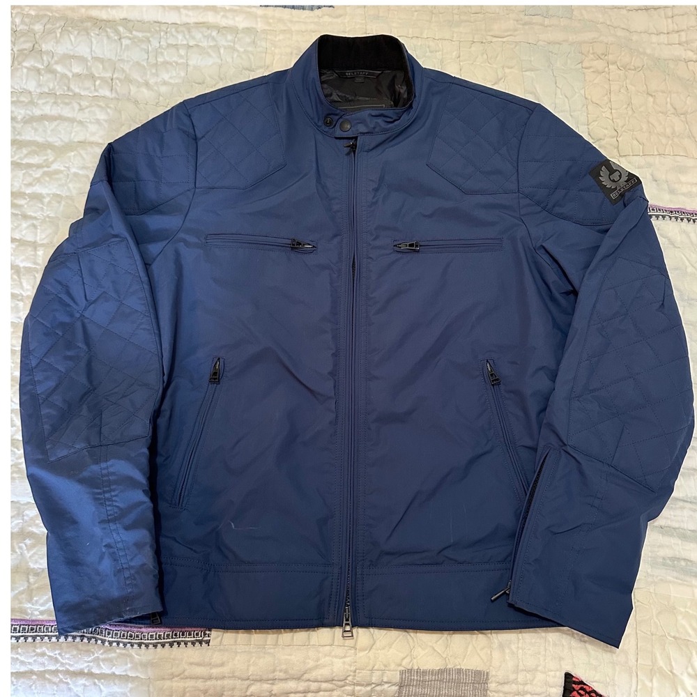 Belstaff Cafe Racer Moto Jacket Navy Blue Quilted Shoulder IT 50 US Large